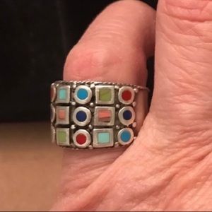 Sterling Silver Vintage Multi Stone inlay Ring size 5-6